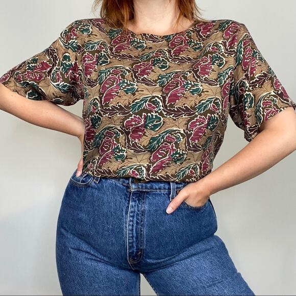 Vintage 80s Stunt Collections 100% Silk Neutral Brown Abstract Print Blouse Tee - Picture 1 of 13